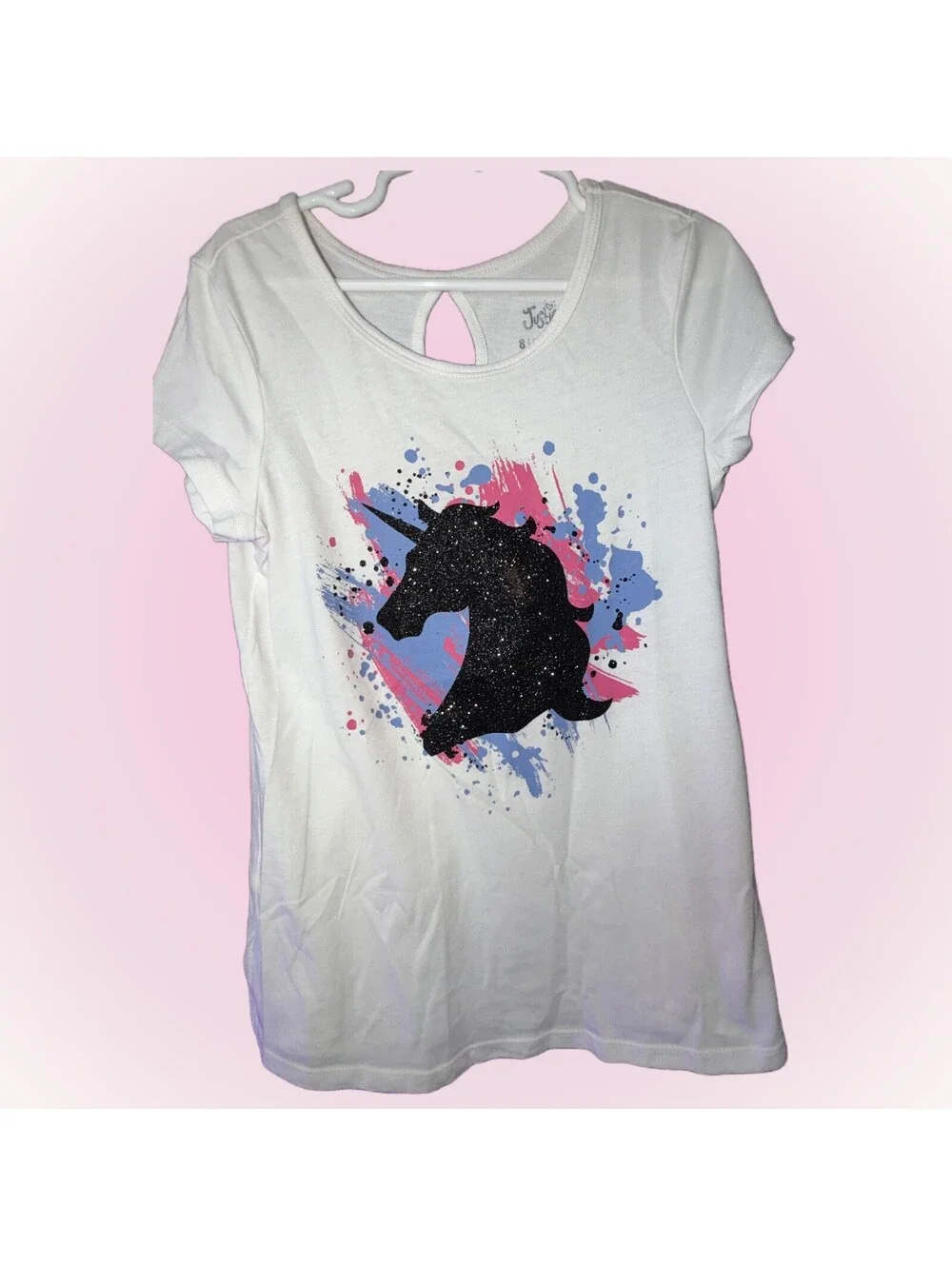 Girls Size 8 Justice White Short Sleeve Shirt | Black Glitter Unicorn